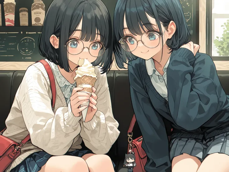 Two Japanese twin girls, both visible, sitting in a café, eating ice cream. 

Left girl: short bob slightly brownish black hair, blue eyes, calm expression, only she wears round glasses, holds ice cream cone carefully, posture straight, neat cardigan and p...