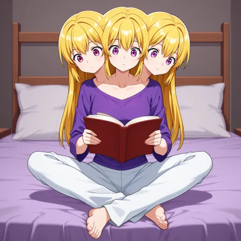 conjoined, anime girl with three heads, blond hair, lavender eyes, purple shirt, white pants, studying, curious, reading a series of complicated books, sitting cross-legged on a bed