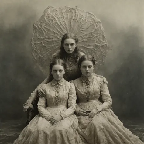 Daguerreotype, tintype, sepia-toned photograph, a woman with creepy faces next to her, horror, macabre face, creepy mutant creature, the demon in the wall reaches for the woman, horror face, scary portrait, horror, highly detailed, scary look, detailed ...