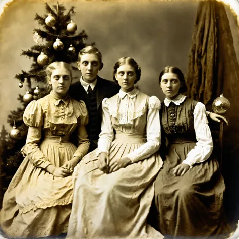 Daguerreotype, tintype, Sepia colors only. Brown and yellowed with age. 3 women with creepy faces next to them, horror, macabre face, creepy skeletal mutant creature, horror face, scary portrait, horror, grabs the woman, highly detailed, scary look, det...