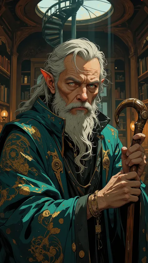 majestic portrait of the eldest elves、Expression with deep wisdom、deep wrinkles engraved like tree rings、clear blue eyes that give off a mysterious glow、pure white hair that flows over time、Delicately trimmed white eyebrows、rich white beard、 sharp ears pec...