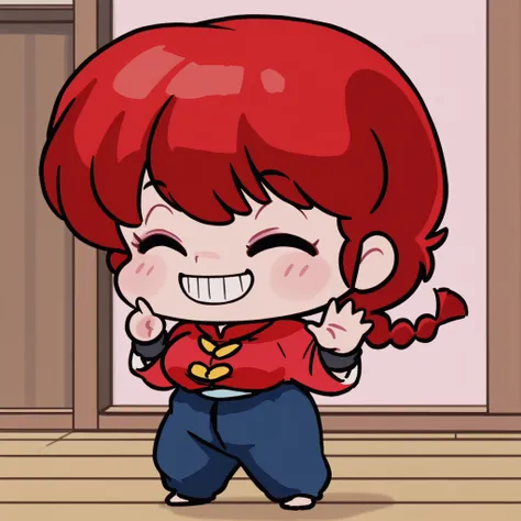  Ranma saotome , cabello rojo, hair with a braid, eyes closed, Big breasts, NSFW,  sexy hips, sexy waist, red shirt with yellow buttons, blue pants, Japanese Dojo , looking at the spectator, by day, waving with one hand, one hand up, smiling with teeth, ha...