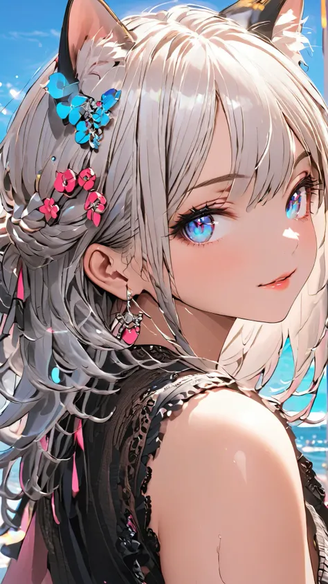 1girl、(((best quality)), ((masterpiece)), (details), masterpiece, best quality, high quality, ulutra detailed, perfect face, ((1girl, blue eyes, cat ears: 1.3 silver bob hair: 2.5,)) 、