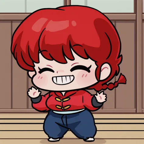  Ranma saotome , cabello rojo, hair with a braid, eyes closed, Big breasts, NSFW,  sexy hips, sexy waist, red shirt with yellow buttons, blue pants, Japanese Dojo , looking at the spectator, by day, waving with one hand, smiling with teeth, happy, alone, w...