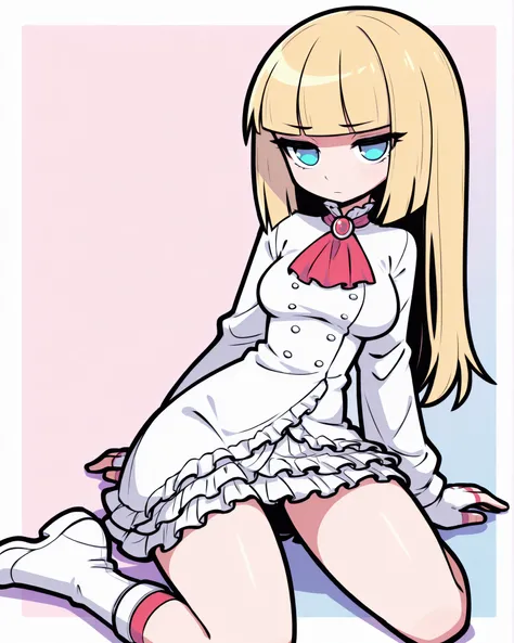 CartoonyIllustrious, emilieog, long hair, blonde hair, blunt bangs, hime cut, blue eyes,frills, white dress, frilled dress, red ascot, long sleeves, white gloves, fingerless gloves, white footwear, shojo anime style, girl seated on ground, thighs apart sli...