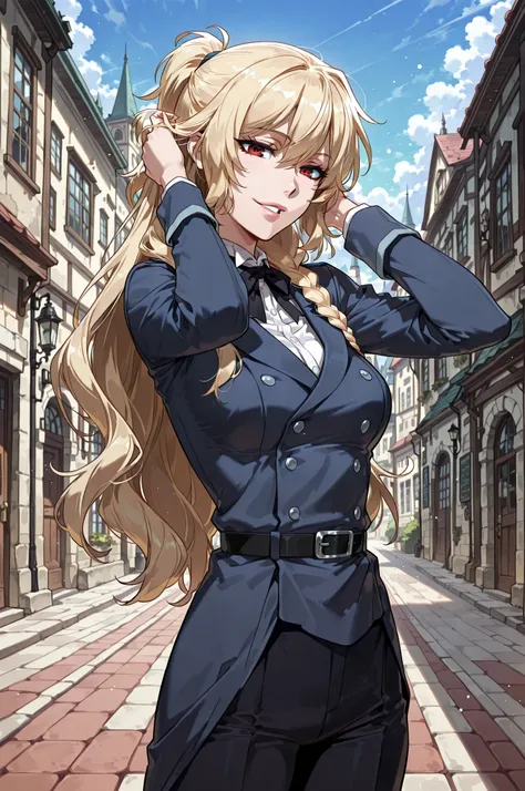 lazypos, 1girl, solo, looking at viewer, wideshot, from the front, cowboy shot, standing, outdoors, victorian england city, detailed eyes, anime, seductive, looking at viewer, shadow, flashes, ligh particles, from front, parted lips, full lips, thick lips,...