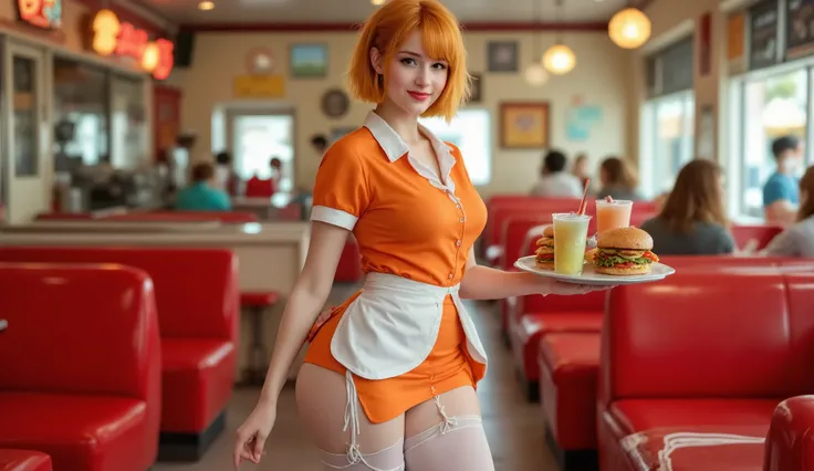 score_9, score_8_acima, score_7_acima, score_6_acima, score_5_acima, score_4_acima, only, uma garota, Jasmin the orange girl carrying a tray with soft drinks and hamburgers on top of the tray, cabelo laranja:1.8, (((orange waitress uniform))) com mini saia...