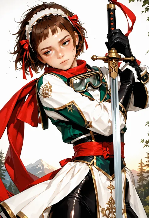 score_9, score_8_up, score_7_up, 1girl, high resolution (4k, 8K), ((swinging sword, action scene)), (brown hair, short bangs, messy hair), light skin, subtle eyeshadow, dark eyeliner, (slender body, short stature, small girl, thin hips, petite body), deter...