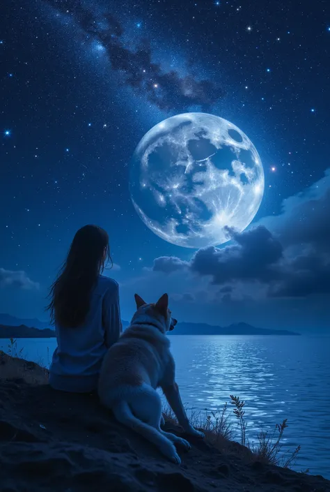 A silhouette of a woman and her dog on a dog looking out over a large body of water. There is a huge moon in the sky as well as a meteor shower, stars and the Milky Way. The water is calm and reflecting the sky. Intricate details, peaceful, beautiful, drea...