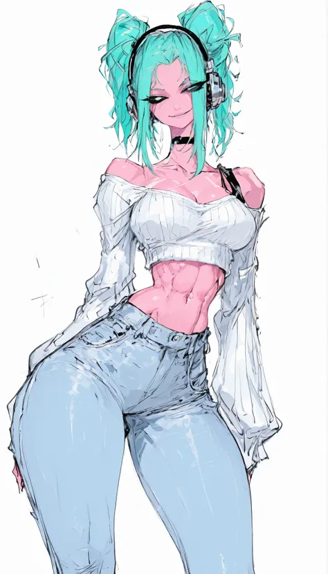 an alien girl, tall, attractive, black sclera, fluorescent green hair, pink skin, naive smile, sexy abs, wide hips, small waist, suggestive, long ponytails, skinny, masterpiece, best quality, amazing quality, stylish angle, headphones, off-shoulder white f...