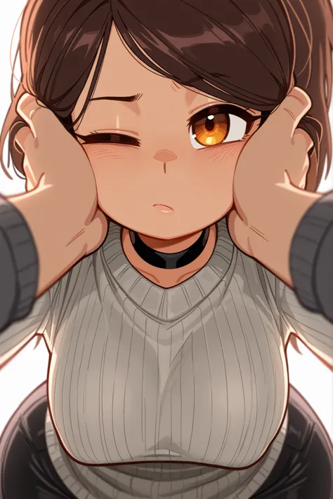 Azula , amber eyes . wavy dark brown hair strands above her shoulders. short hair. small saggy breasts. huge hips. choker. | (masterpiece , best quality , very aesthetic , absurdres , artist:wamudraws , shaded , white background , backlighting) (depth of...