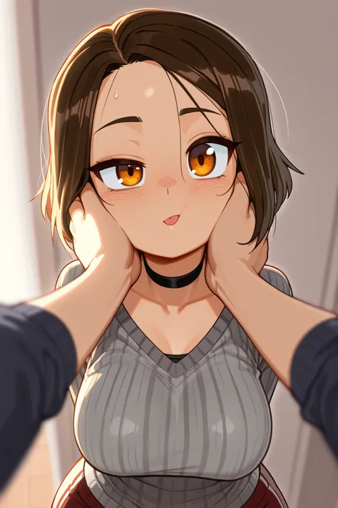 Azula , amber eyes . wavy dark brown hair strands above her shoulders. short hair. small saggy breasts. huge hips. choker. | (masterpiece , best quality , very aesthetic , absurdres , artist:wamudraws , shaded , white background , backlighting) (depth of...