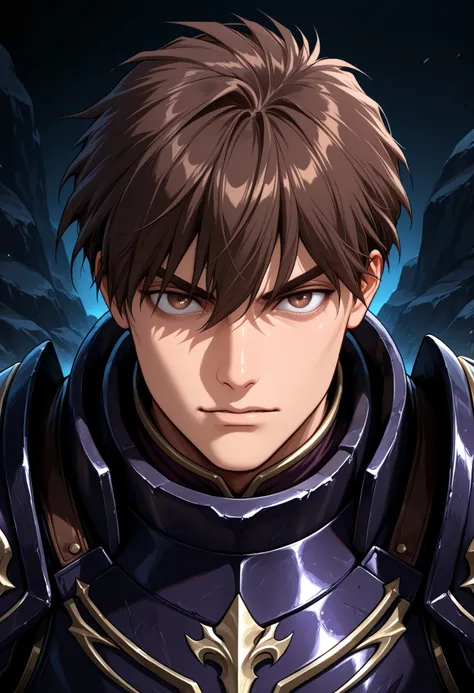 (high-quality, breathtaking),(expressive eyes, perfect face) portrait, Symmetrical Eyes, 1boy, male, solo, adult, brown hair, brown coloured eyes, looking at viewer, black background, narrow eyes, soft eerie blue lighting background, rock terrain backgroun...