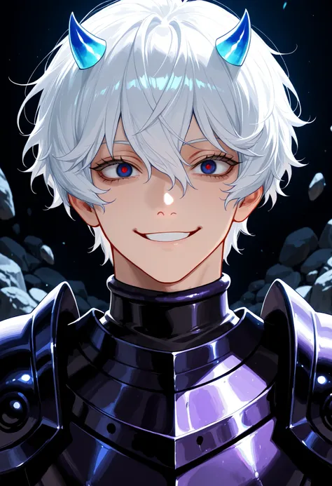 (high-quality, breathtaking),(expressive eyes, perfect face) Symmetrical Eyes, 1boy, male, solo, adult, white hair, short hair, blue coloured eyes, small horns, looking at viewer, black background, narrow eyes, soft eerie blue lighting background, rock ter...