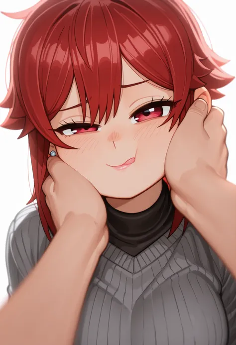 Tomo Aizawa , medium hair, red hair, medium breasts, earrings, pink lips , fire red eyes, muscle body, | (masterpiece , best quality , very aesthetic , absurdres , artist:wamudraws , shaded , white background , backlighting) (depth of field , blurred foreg...