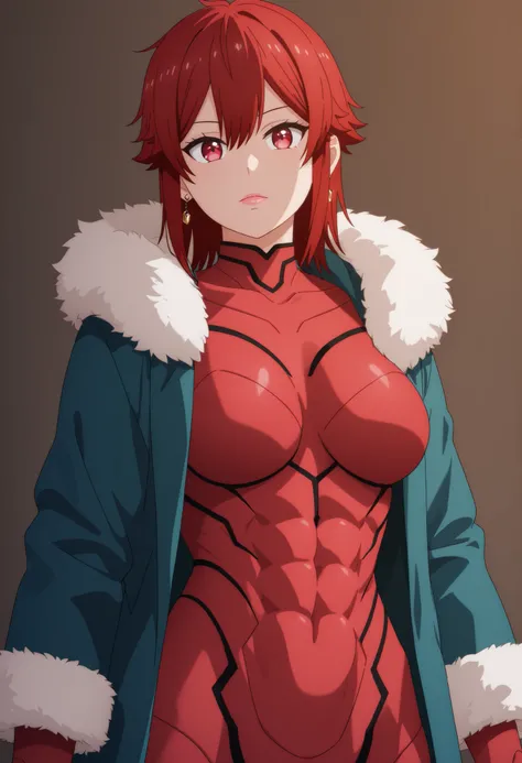 Tomo Aizawa , medium hair, red hair, medium breasts, earrings, pink lips , fire red eyes, muscle body, | score_9, score_8_up, score_7_up, score_6_up, score_5_up, best quality, high detail, fur trim, coat, blue coat, robe, looking at viewer,