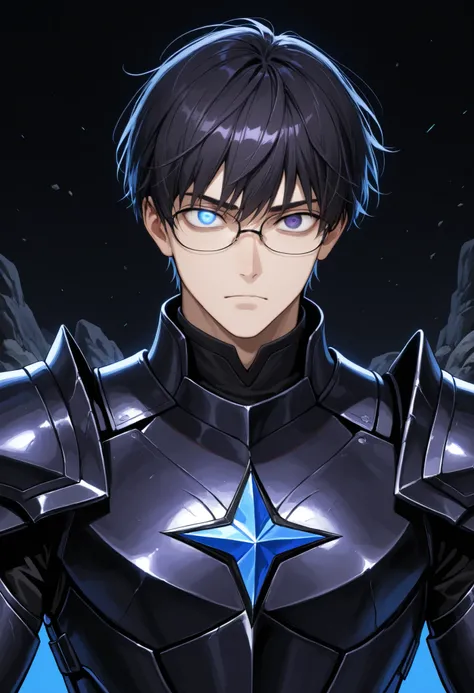 (high-quality, breathtaking),(expressive eyes, perfect face) Symmetrical Eyes, 1boy, male, solo, adult, black hair, short hair, blue coloured eyes, glasses, looking at viewer, black background, narrow eyes, soft eerie blue lighting background, rock terrain...