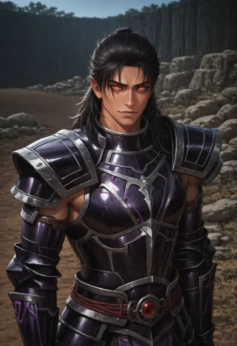 (high-quality, breathtaking),(expressive eyes, perfect face) Symmetrical Eyes, 1boy, male, solo, adult, black hair, brown coloured eyes, looking at viewer, black background, narrow eyes, soft eerie blue lighting background, rock terrain background, Dark Pu...