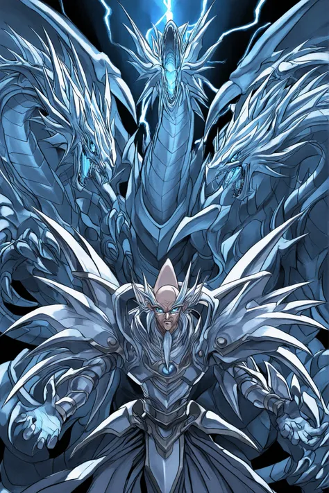 Highest Quality, masterpiece、Yu-Gi-Oh artwork, Yu-Gi-Oh! style, 1 Dragon(  Hydra, Yu-Gi-Oh! Blue-Eyed Ultimate Dragon, Giant Dragon with 3 Heads, Three-pronged dragon、is pale, Glowing Scales,ice blue eyes, Strong Pale Light, The roaring sky, silver-white a...