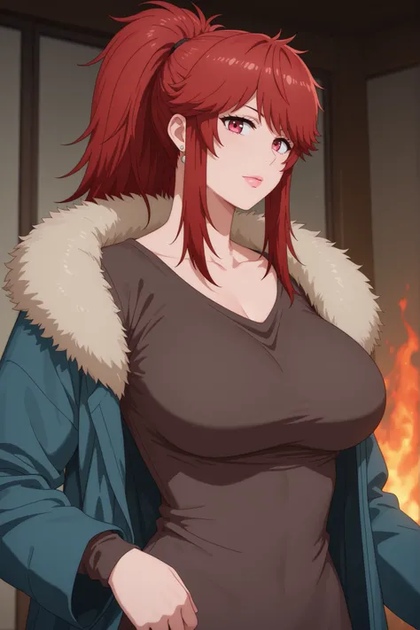 Akemi Aizawa, long hair, ponytail, fringe, red hair, large breasts, earrings, pink lips , fire red eyes, muscle body, | score_9, score_8_up, score_7_up, score_6_up, score_5_up, best quality, high detail, fur trim, coat, blue coat, robe, looking at viewer,...