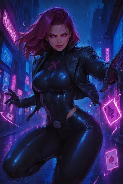 Gambit, X-Men mutant, dynamic pose, cheeky expression, playing cards floating, charging kinetic energy, detailed facial features, intense eyes, charming smirk, rogue-like outfit, leather jacket, tight pants, gloves, detailed textures, dynamic motion blur, ...