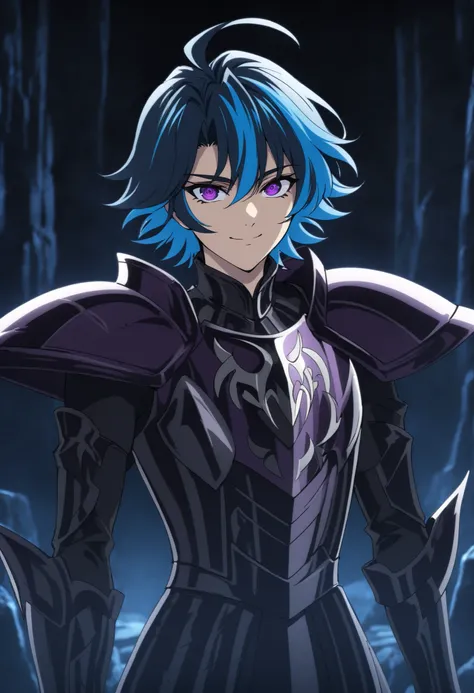 (high-quality, breathtaking),(expressive eyes, perfect face) Symmetrical Eyes, 1boy, male, solo, adult, looking at viewer, black background, narrow eyes, soft eerie blue lighting background, rock terrain background, Dark Purple Armor, trim, full plate armo...