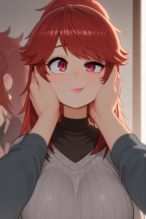 Akemi Aizawa, long hair, ponytail, fringe, red hair, large breasts, earrings, pink lips , fire red eyes, muscle body, | (masterpiece , best quality , very aesthetic , absurdres , artist:wamudraws , shaded , white background , backlighting) (depth of field...