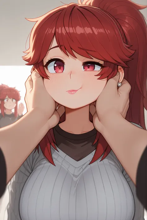 Akemi Aizawa, long hair, ponytail, fringe, red hair, large breasts, earrings, pink lips , fire red eyes, muscle body, | (masterpiece , best quality , very aesthetic , absurdres , artist:wamudraws , shaded , white background , backlighting) (depth of field...