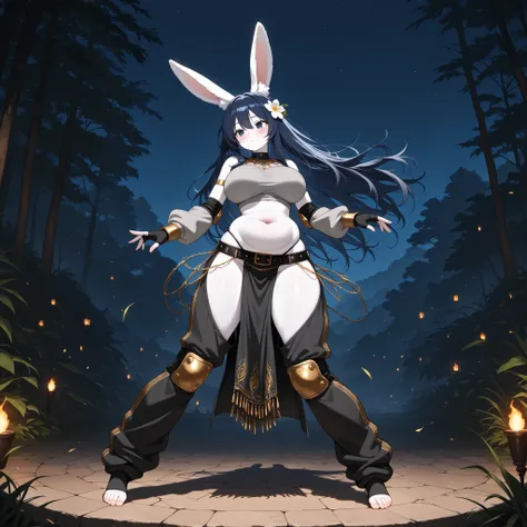 (1girl, solo, rabbit ears, white ears, fluffy ears, dark blue hair, long hair, hair flower, dark blue eyes, pale skin, white skin, beautiful round breasts, big breasts, navel, saggy belly, wide hips, belly dancer, brawler outfit, stylish gray sweatshirt, l...