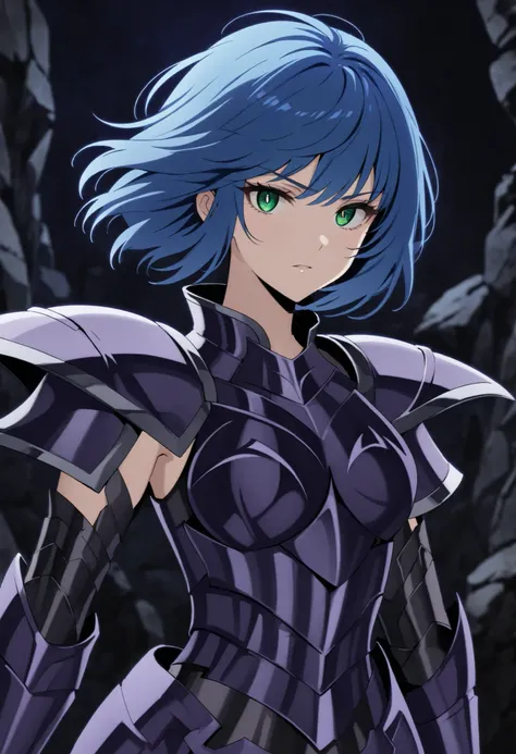 (high-quality, breathtaking),(expressive eyes, perfect face) Symmetrical Eyes, 1girl, female, solo, adult, looking at viewer, black background, narrow eyes, soft eerie blue lighting background, rock terrain background, Dark Purple Armor, trim, full plate a...