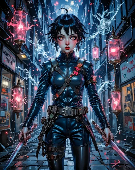  Modern-day exorcist high school student in reinforced uniform,  Surrounded by floating talismans,  Slicing through invisible demon spirits,  Electric blue and crimson accent colors, Dark city alley at night,  Urban monster hunter,  Manga style,  Eliminate...