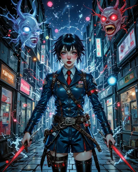  Modern-day exorcist high school student in reinforced uniform,  Surrounded by floating talismans,  Slicing through invisible demon spirits,  Electric blue and crimson accent colors, Dark city alley at night,  Urban monster hunter,  Manga style,  Eliminate...
