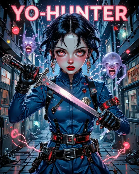  Modern-day exorcist high school student in reinforced uniform,  Surrounded by floating talismans,  Slicing through invisible demon spirits,  Electric blue and crimson accent colors, Dark city alley at night,  Urban monster hunter,  Manga style,  Eliminate...