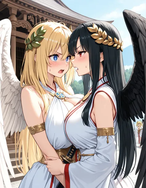 masterpiece, Highest Quality, details, 8K, Two Goddesses, (1st Goddess,  Japanese goddess , celestial maiden costume, Shrine maiden's hair ornament, long black hair, disheveled hair, beautiful character design, tall, black wings, pretty face, 美しくdetail...