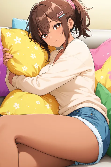 masterpiece, best quality, amazing quality, very aesthetic, colorful, safe, from side, 1girl, aged up, reclining, on couch, light smile, light blush, looking at viewer, (pillow hug), brown hair, medium hair, ponytail, brown eyes, white pupils, dark skin, m...