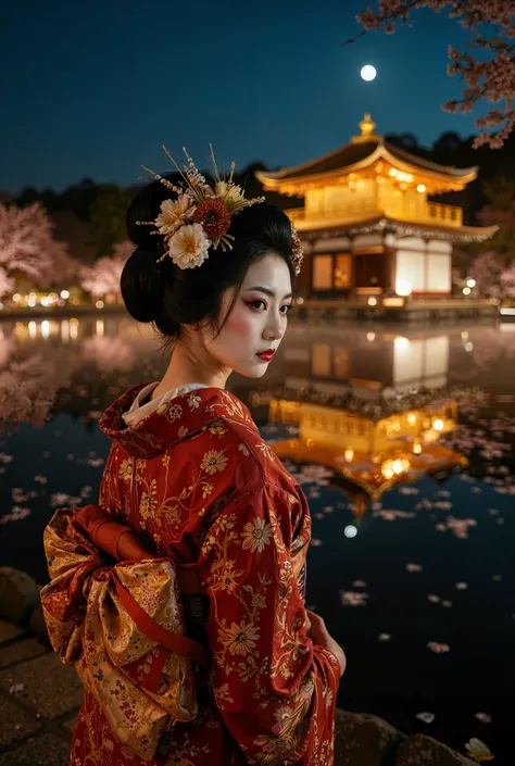 A breathtaking wide-angle cinematic night shot of a geisha in a traditional Japanese furisode kimono, deep crimson red with golden floral embroidery. She wears an elaborate obi sash tied at the back and a refined kanzashi hair ornament with flowers and del...