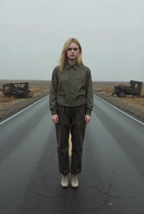 Elle Fanning in the movie All Alone , num estrada vazia, Post-apocalyptic world, gray scenario