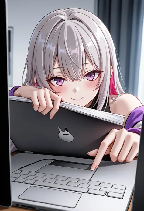 In a brightly colored anime-style picture，The girl is peeking out of her upper body from the laptop screen，Confident smiles on their faces，One hand makes Biya's movements。the notebook is placed on a light gray desktop