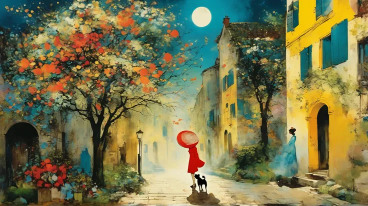 layered, a lovely girl walks her dog throuth a street of an old city, whimsy mood, vivid colors by Georges Clairin, background surreal garden and a big tree, floral motif, night with a big moon by Gerald Scarfe with pattern, gold leaf details.