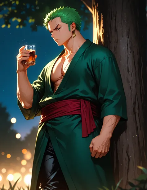 solo, {Roronoa Zoro, ((male)), lean build, mature:1.9, adult, muscular, my hero academia, short green hair, grey eyes, diagonal scar over his left eye,long dark-green robe with three golden buttons on each side, Black pants, tucked into boots, Dark red har...