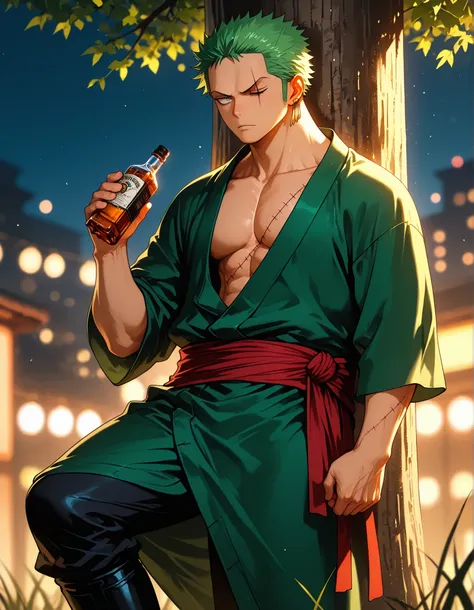 solo, half body, {Roronoa Zoro, ((male)), lean build, mature:1.9, adult, muscular, my hero academia, short green hair, grey eyes, diagonal scar over his left eye,long dark-green robe with three golden buttons on each side, Black pants, tucked into boots, D...