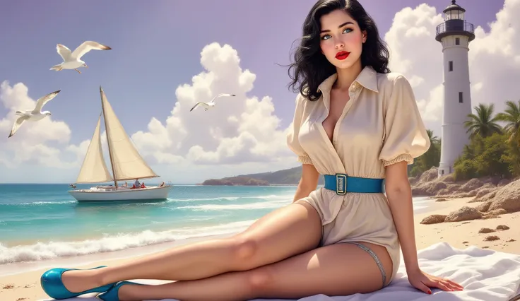 (((full body))) A beautiful young woman in full body, wearing 1.5" blue high heels, black hair, red lipstick, and light blue eyes, her breasts covered by a delicate blouse, 3/4" stockings with a garter belt, thick thighs, and a slim waist. A unified look f...