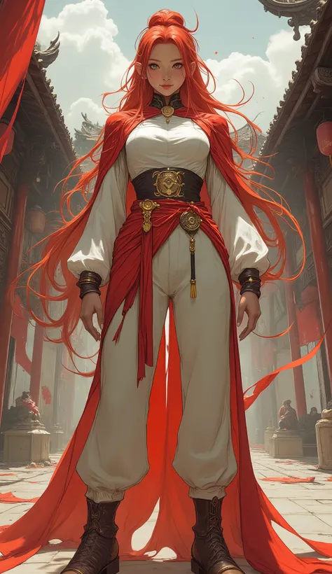 (masterpiece, best quality, intricate details, cinematic lighting), a beautiful fantasy wuxia heroine with a slender figure, perfect anatomy, and perfect hands with five fingers. She has long, wavy, deep-red hair, sharp eyes, and delicate facial features o...