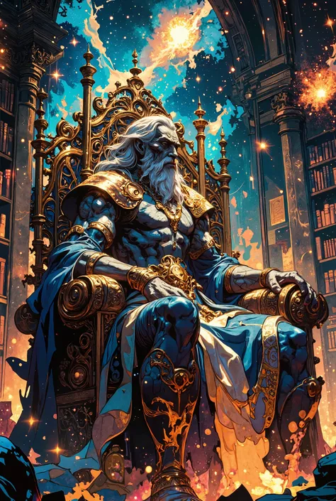 concept art in the style of epic fantasy depicting the "Supreme Elder", the primordial cosmic entity sitting on a throne woven from galactic filaments and dark matter, cradling stars and nebulae. The Elder has an androgynous figure with cracked earth-color...