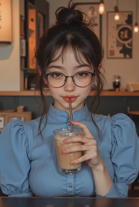 black rimmed glasses、Permed、bunny bun ponytail wearing a blue puff shoulder blouse、Looking at me while drinking a drink with a straw、A beautiful Oriental beauty with bangs in a