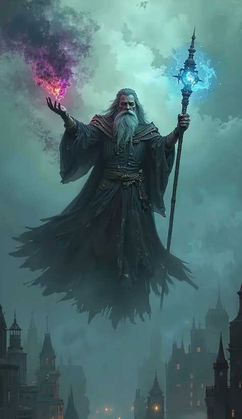 dark fantasy scene, masterful sorcerer in leather-reinforced battle robes, majestic beard moving in magical winds, floating in display of power above fog-covered metropolis, staff channeling three-colored spell energies, threatening storm clouds surroundin...