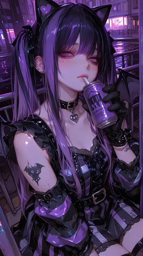 A very young, beautiful girl, solo, with long purple hair streaked with black, twin tails, straight bangs, purple eyes, a sad expression, blush on her cheeks, and a can of canned chu-hi with a straw stuck in it clutched in her left hand. She has vacant eyes, a cat ear headband with bat wings and a heart, gothic lolita fashion, a black and purple striped dress with a belt and buckle, striped arm covers, gloves, a choker, skull accessories, and tattoos all over. The background is the bustling streets of Shinjuku, detailed digital art, ultra-beautiful anime style, vibrant purple tones, high detail, a masterpiece, and a bird's-eye view angle.