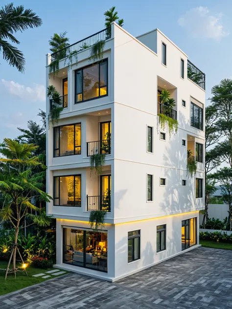 neo classical villa on street, tropical tree, vivid colour, streetcapes, black detail, white wall, large glass door, warm interior lighting, best quality,