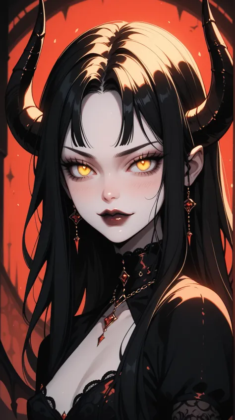 demon girl,  succubus, sexy ,pale skin, cute face,  big black curved horns,  looking at the audience , bottom focus , black long hair,   expressive yellow eyes ,  glowing yellow eyes ,  seductive eyes, dress, small breasts,  gothic background 