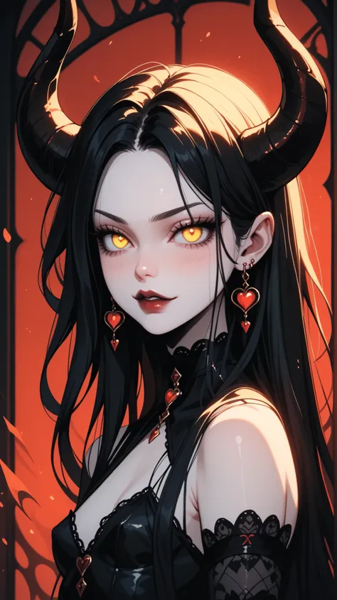 demon girl,  succubus, sexy ,pale skin, cute face,  big black curved horns,  looking at the audience , bottom focus , black long hair,   expressive yellow eyes ,  glowing yellow eyes ,  seductive eyes, dress, small breasts,  gothic background 